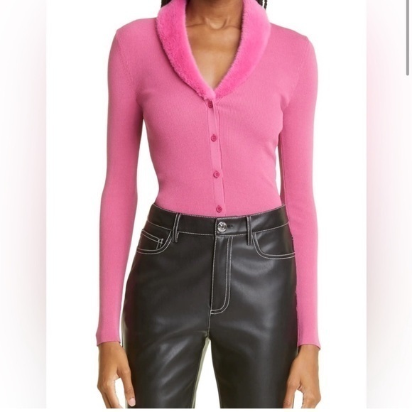 NWT STAUD Celina Pink Faux Fur Collar Cardigan Knit Sweater Top Medium - Picture 1 of 11